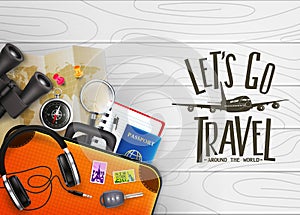 3D Realistic Let`s Go Travel Around The World Creative Banner with Travelling Item