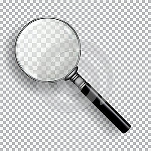 3D Realistic Magnifying Glass. Transparent loupe on plaid black white background.