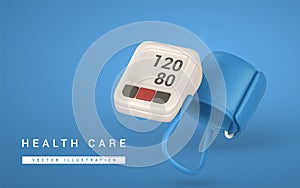 3d realistic medical blood pressure in cartoon style. Doctor equipment icon. Wellness and online healthcare concept. Vector