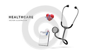 3d realistic medical stethoscope with heart and document isolated on white background. Online doctor consultation and healthcare