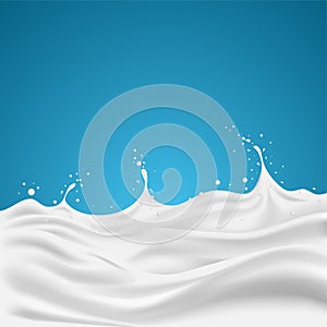 3d realistic milk splash. fluid with drops on blue background. Vector illustration.