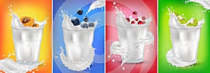 3D realistic milk splash with fresh fruit. Blueberry, apricot, red currant, kiwi. Fruits cocktail on glass. Milk yogurt