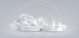 3d realistic mockup product podium display and fluffy clouds. Podium and white cloud isolated on gray background