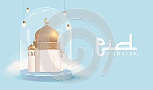 3D Realistic Mosque Display for Eid Mubarak Poster Design Vector Illustration