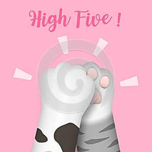 3D realistic multi-colored cat paws  legs  dog paws  kitten footprint do high-five isolated on pink background.