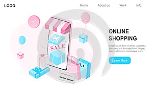 3D realistic online shopping on landing web page or mobile application concept of vector digital marketing template. Isometric pap