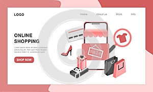 3D realistic online shopping on landing web page or mobile application concept of vector digital marketing template. Isometric pap