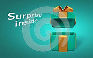 3D realistic open gift box with gold ribbon and bow. Surprise inside. Vector illustration