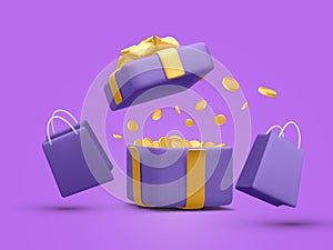 3d realistic open gift box surprise with gold flying coins and shopping bag. Money prize reward. Loyalty program and get rewards