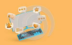 3d realistic pc monitor, keyboard and speech bubble with social icons in cartoon style. Vector illustration