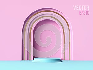3d realistic pedestal pink arch and blue color podium, abstract minimal concept, blank space, clean design, vector