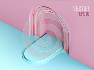 3d realistic pedestal pink arch and blue color podium, abstract minimal concept, blank space, clean design, vector