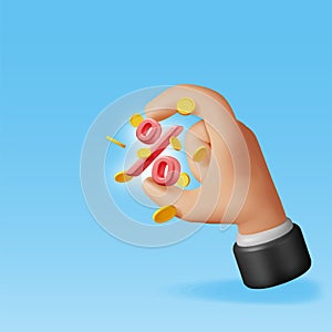 3D Realistic Percent Sign Icon with Coins in Hand