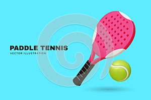 3d realistic pink paddle tennis racket and green tennis ball on blue background. Vector illustration. Padel tennis sport