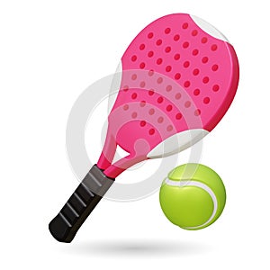 3d realistic pink paddle tennis racket and green tennis ball on white background. Vector illustration. Padel tennis