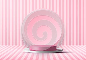 3D realistic pink and white  podium studio stage and circle backdrop for display showcase with vertical lines pattern perspective