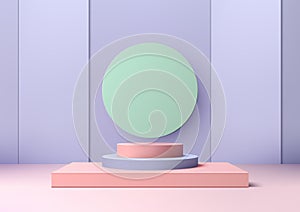 3D realistic podium with a green circle on top sits in a room with a purple wall scene background