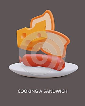 3d realistic products for tasty sandwich. Sausage, piece of bread and slice of cheese on plate