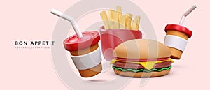 3d realistic render fast food banner with French fries and burger. Vector illustrator