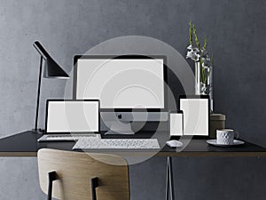 3d realistic render of mockup template of blank white screen for your web design portfolio on grey elegant workspace with mac