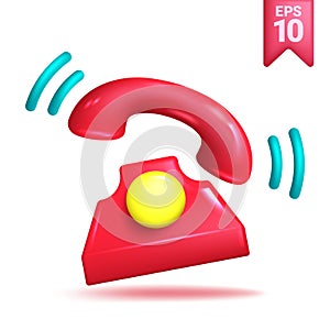 3d realistic retro ringing telephone. Red alerting telephone in minimal style.