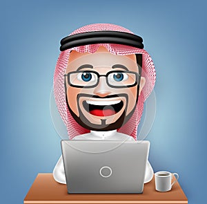 3D Realistic Saudi Arab Businessman Cartoon Character Sitting Working