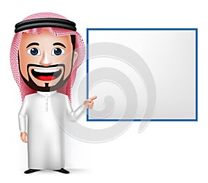 3D Realistic Saudi Arab Man Cartoon Character Holding Blank White Board