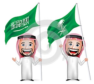 3D Realistic Saudi Arab Man Cartoon Character Holding and Waving Saudi Arabia Flag