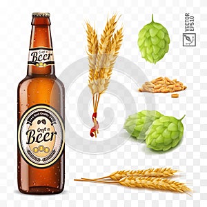 3d realistic set for beer, ears and grains of wheat, hop cones, bottle brown beer with label