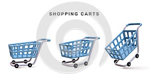 3d realistic set of blue shopping carts isolated on white background. Vector illustration