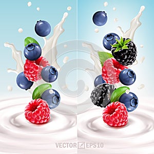 3D realistic set of falling wild berries in yogurt or milk, blueberries, raspberries, cranberries