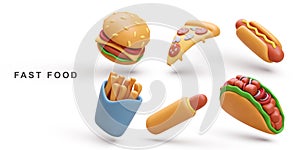 3d realistic set Hamburger, Pizza, Hot Dog, Taco and fries potatoes. Vector illustration