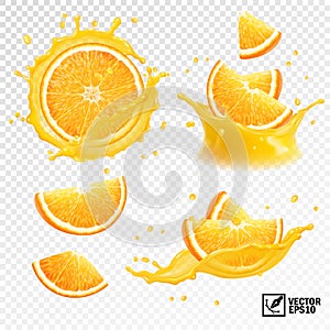 3D realistic set of isolated different vector splashes of orange juice with slices and slices of orange fruit