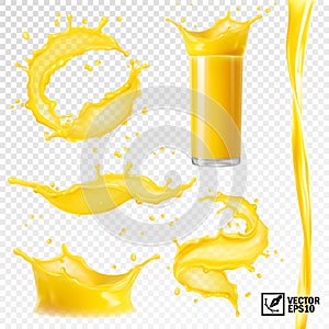 3D realistic set of isolated vector different splashes of juice of orange, mango, bananas and other fruits, transparent