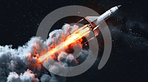 3d realistic spaceship white explosion in sky condensation texture. Flame rocket launch smoke trail isolated modern