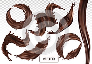 3D realistic splash of chocolate. Twisted dark chocolate with drop on transparent background. Set vector illustration