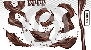 3D realistic splash of chocolate. Twisted dark chocolate with drop on transparent background. Set vector illustration