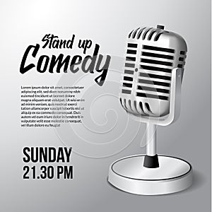 3D realistic standing vintage microphone illustration with white background for stand up comedy show