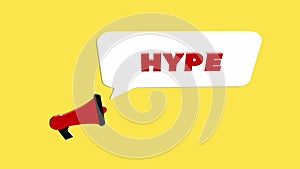 3d realistic style megaphone icon with text Hype isolated on yellow background. Megaphone with speech bubble and hype