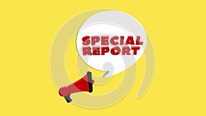 3d realistic style megaphone icon with text Special report isolated on yellow background. Megaphone with speech bubble