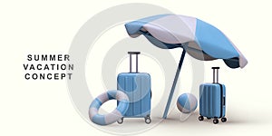 3d realistic summer vacation concept. Beach umbrella and travel accessories. Vector illustration