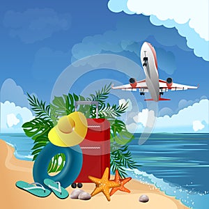 3D realistic summer vacation design for traveling on the sandy beach of the island with summer items. Vector illustration