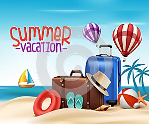 3D Realistic Summer Vacation Poster Design with Bags