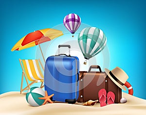 3D Realistic Summer Vacation Poster Design with Bags