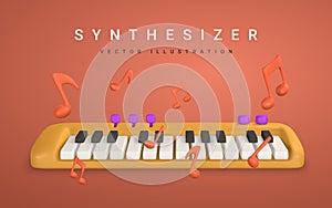 3d realistic synthesizer with music note. Music concept design in plastic cartoon style. Vector illustration
