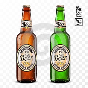 3d realistic transparent beer green and brown color bottles with label