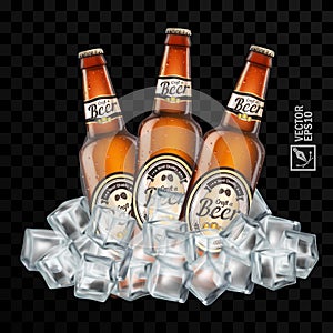 3d realistic transparent brown beer bottles with label in ice cubes