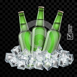 3d realistic transparent green beer bottles in ice cubes
