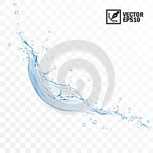 3D Realistic transparent isolated vector falling splash of water with drops, editable handmade mesh