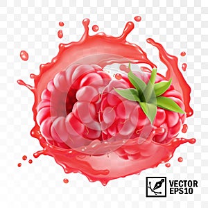 3d realistic transparent isolated vector, peeled raspberry fruit in a splash of juice with drops, edible handmade mesh